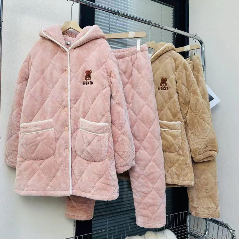 佰伦世家冬季女士睡衣新款牛奶绒三层加厚夹棉中长款连帽保暖棉袄