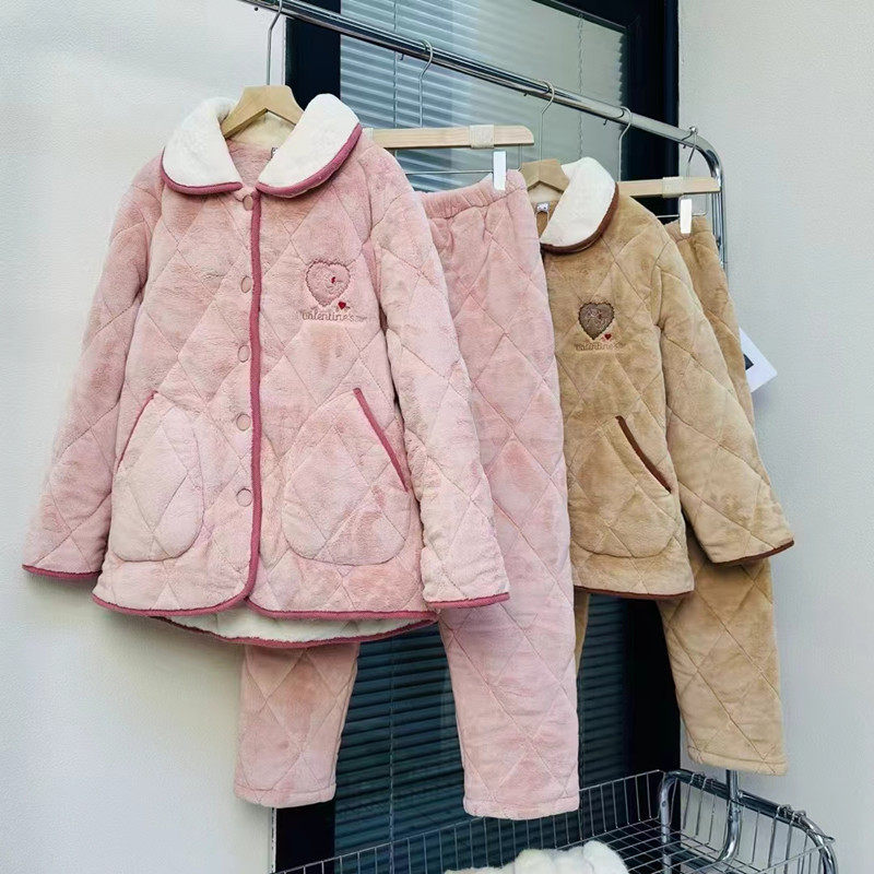 佰伦世家冬季睡衣女士保暖新品家居服牛奶绒夹棉套装加厚加绒时尚