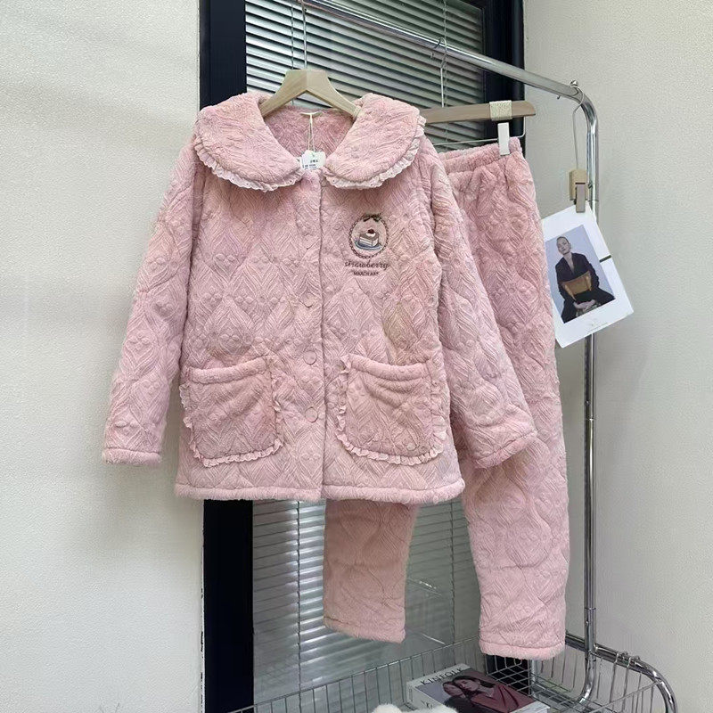 佰伦世家女士睡衣冬季牛奶绒夹棉加厚保暖时尚气质棉衣家居服套装