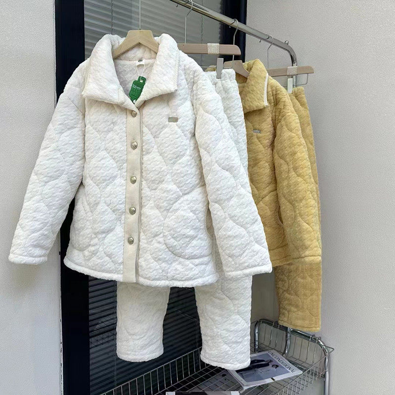 佰伦世家2024冬新款牛奶绒夹棉睡衣女纯色甜美可爱加厚家居服套装