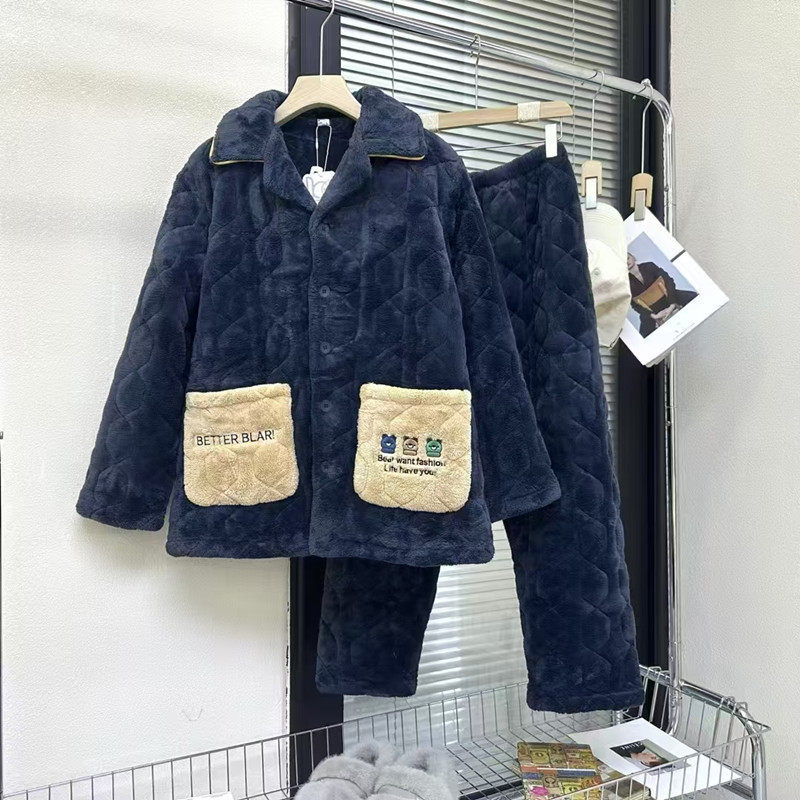 佰伦世家男士睡衣新品冬季加厚棉衣保暖珊瑚绒夹棉家居服青年外穿