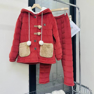 佰伦世家冬季棉衣三层加厚连帽睡衣女士卡通家居服澳毛绒夹棉套装
