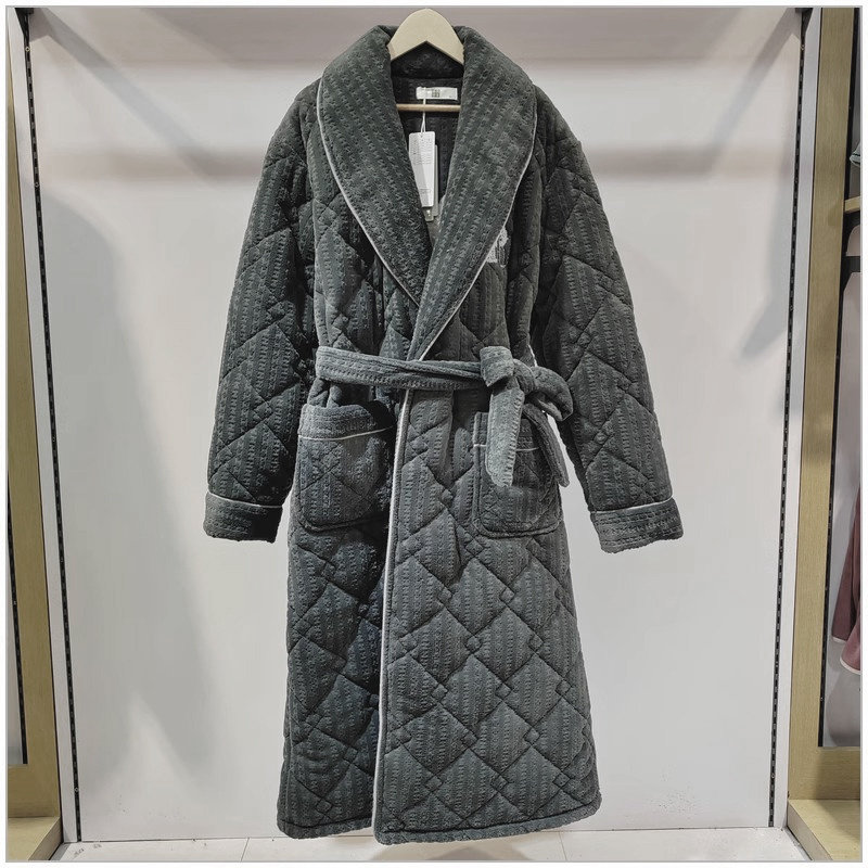 佰伦世家男士睡袍冬季保暖睡衣新品牛奶绒三层加厚加绒夹棉男长袍