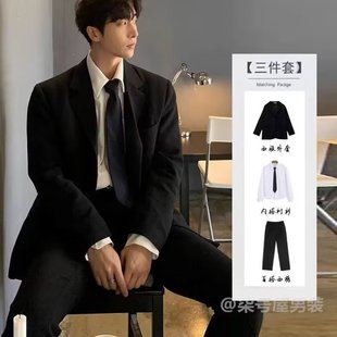 男士 学生西服套装 男休闲宽松黑色西装 三件套 夏季 韩版 潮流商务正装