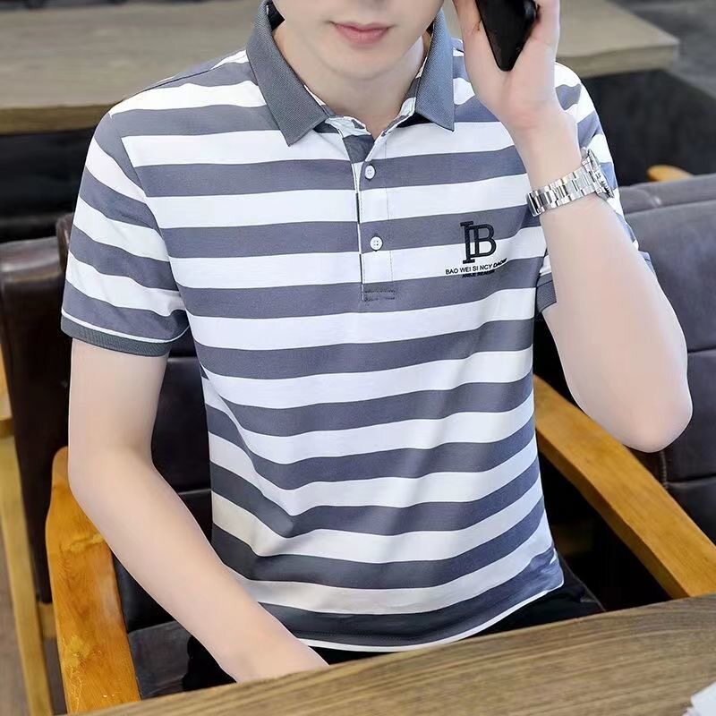外贸男装夏季男士韩版简约条纹修身型POLO衫舒适透气百搭短袖刺绣