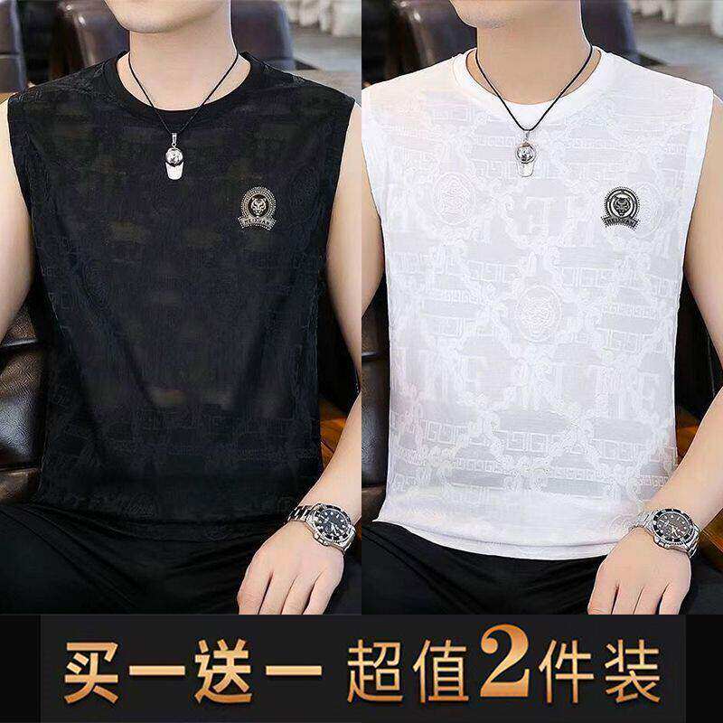 外贸高档夏季背心无袖冰丝T恤男士潮流坎肩运动衫休闲健身外穿男