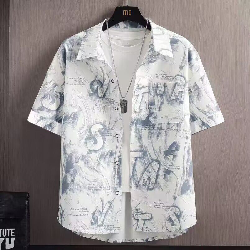 衬衫男士短袖夏季新款宽松休闲半袖青少年薄款冰丝衬衣潮流外套潮
