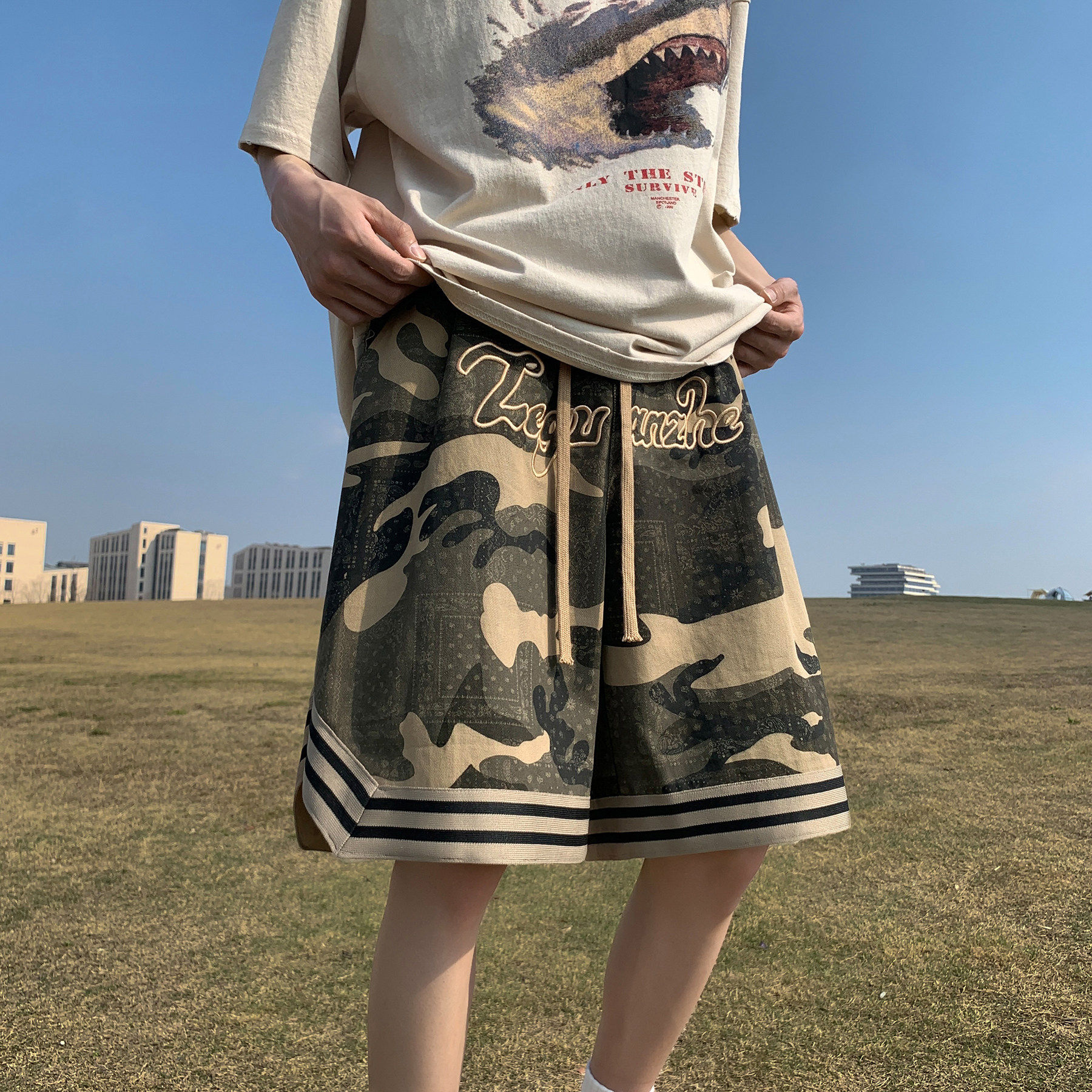 迷彩短裤男外贸夏季美式复古运动篮球裤子潮牌宽松直筒休闲五分裤