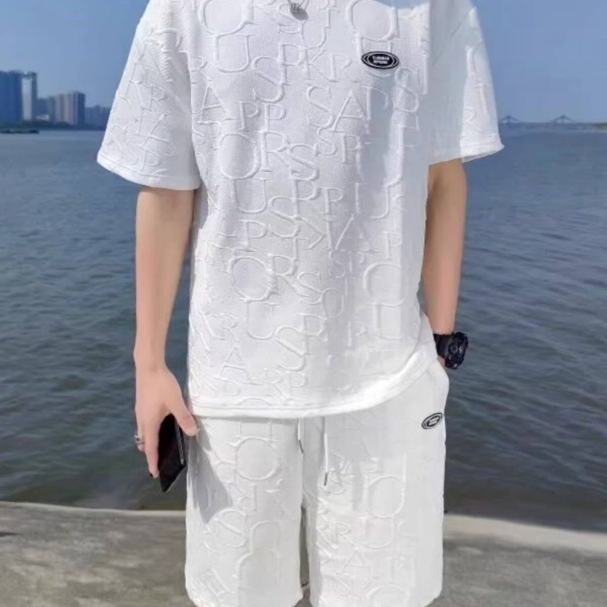 提花短袖t恤男休闲运动套装2026夏季潮牌ins薄款短裤潮流搭配一套