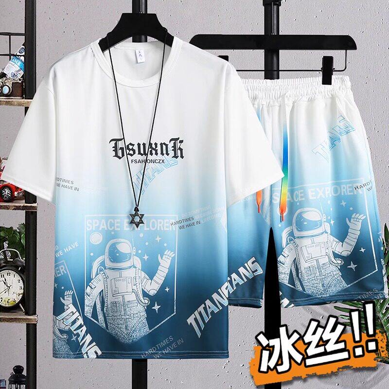 男士夏季冰丝套装潮牌t恤短袖短裤渐变色休闲运动衣服男装两件套