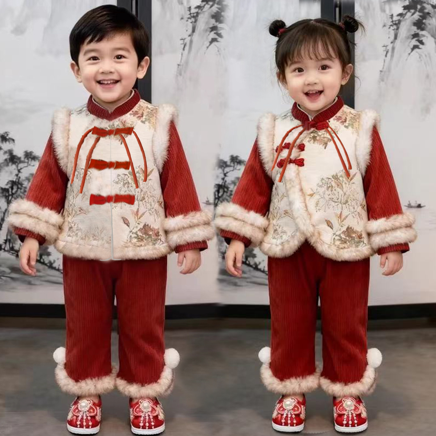 元旦儿童喜庆演出服加绒中国风男女童拜年服过新年服装红色冬唐装