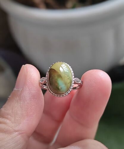 俏色水波纹绿松石戒指 925纯银精工镶嵌活口可调节 复古风景指环