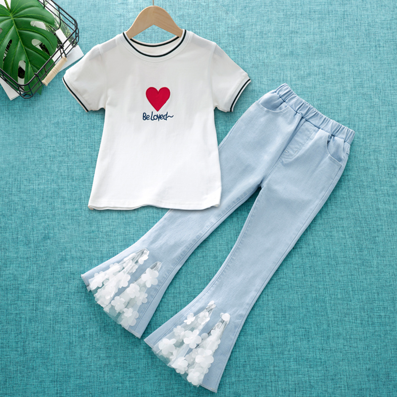 女童套装薄款6岁2025夏装新款7大童喇叭裤8儿童牛仔裤9宝宝两件套