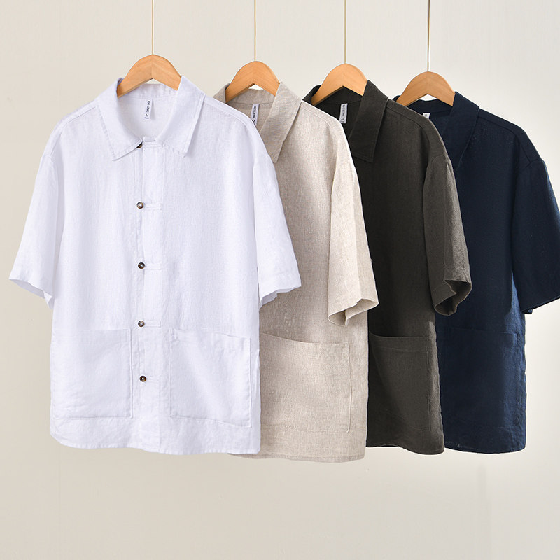 夏季新款纯亚麻衬衫男短袖宽松翻领中式休闲透气纯色复古衬衣外套