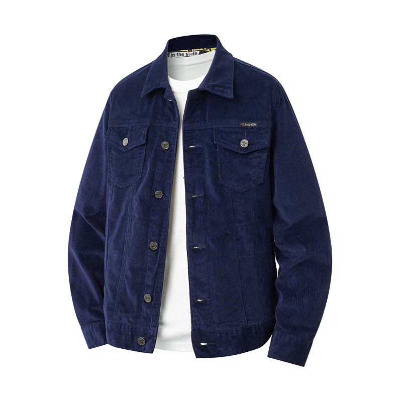 秋冬款翻领卡其色灯芯绒外套男士宽松休闲夹克工装条绒上衣