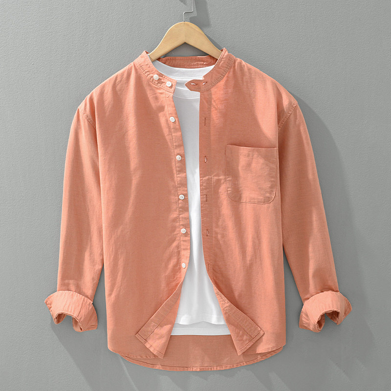 棉麻休闲风立领长袖棉麻衬衫男宽松透气亚麻衬衣百搭上衣