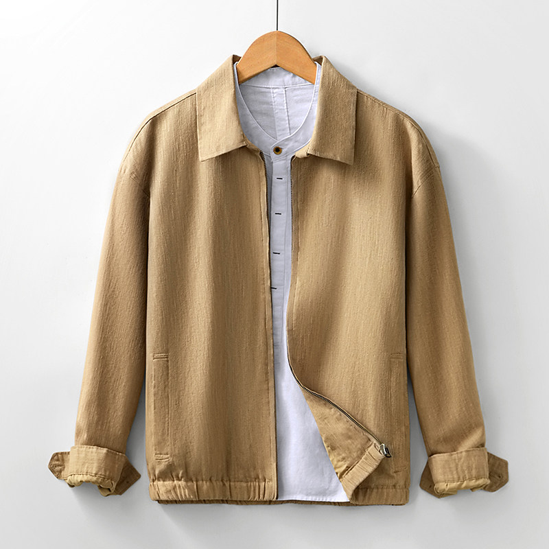 棉麻简约百搭翻领棉麻休闲夹克男宽松拉链外套老钱风