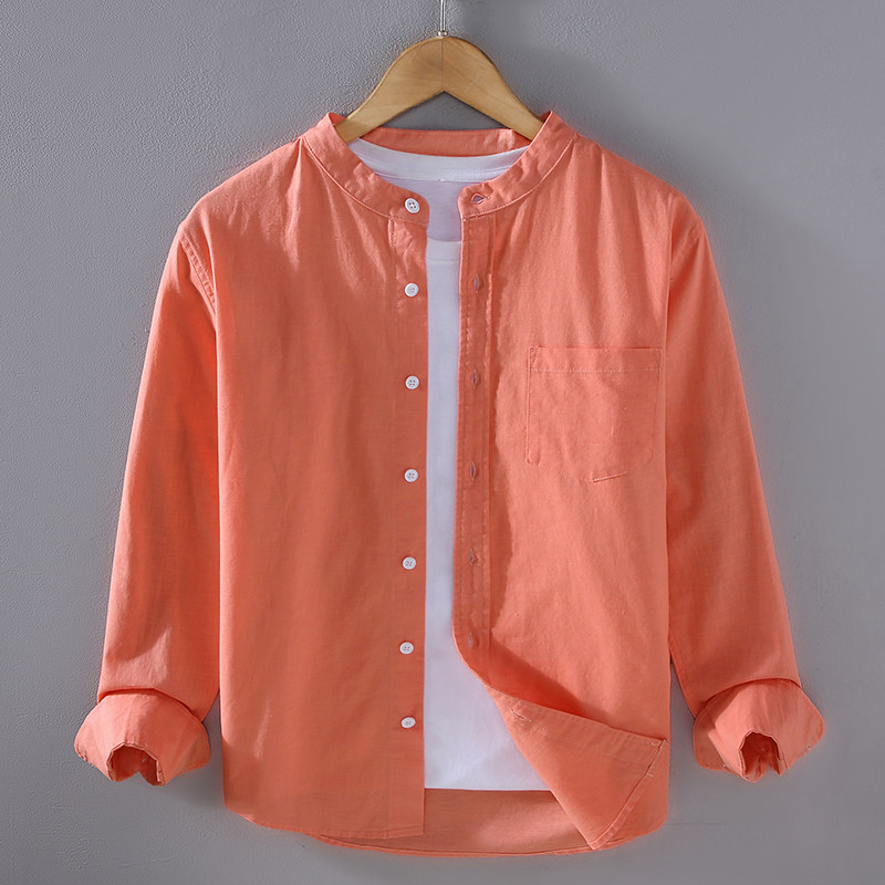 春秋季中式亚麻衬衫男长袖立领宽松纯色休闲大码棉麻衬衣外套