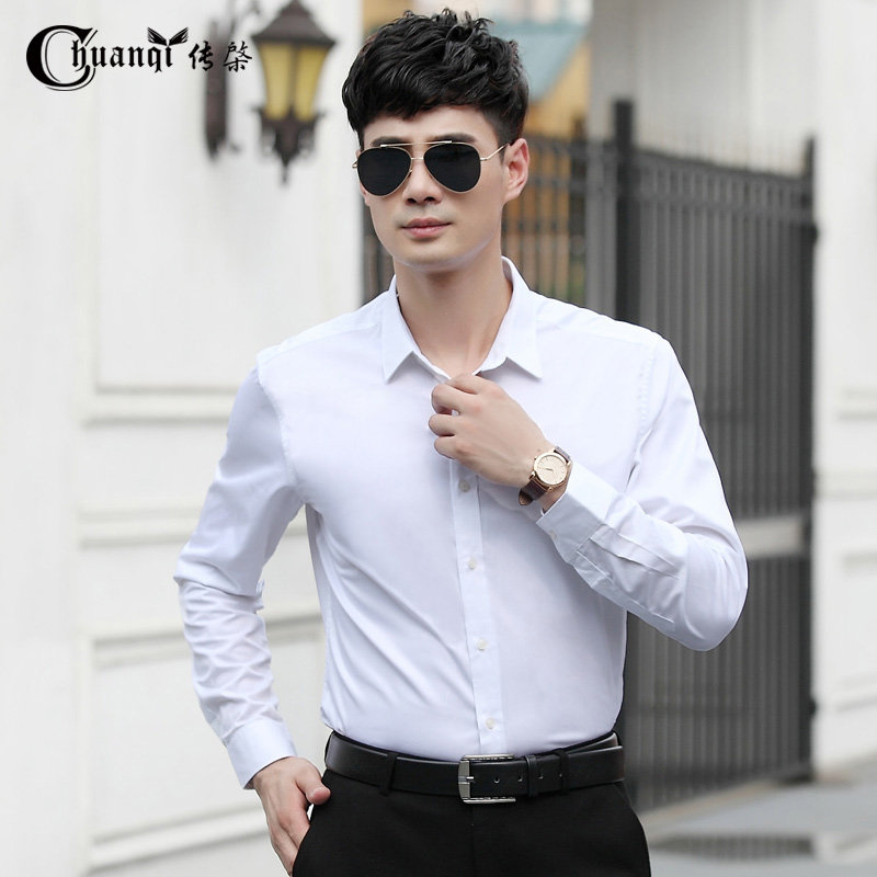 传棨尖领免烫结婚男士长袖衬衫