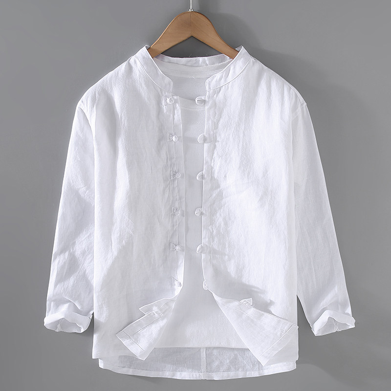 100%纯亚麻中国风盘扣长袖衬衫男士宽松复古亚麻休闲麻料上衣男