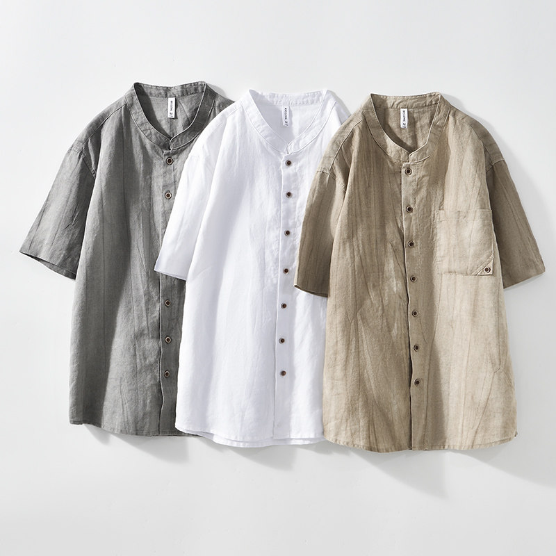 苎麻短袖衬衫男士夏季美式薄款宽松透气白色立领棉麻衬衣外套