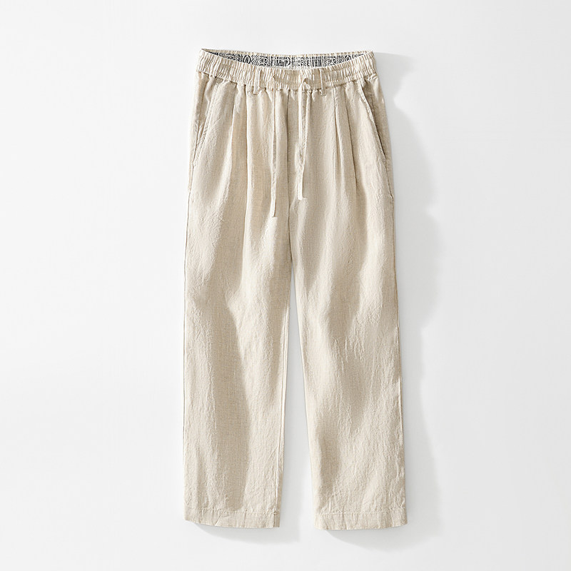 100%纯亚麻新款男装休闲百搭麻料透气长裤宽松纯色亚麻直筒裤子