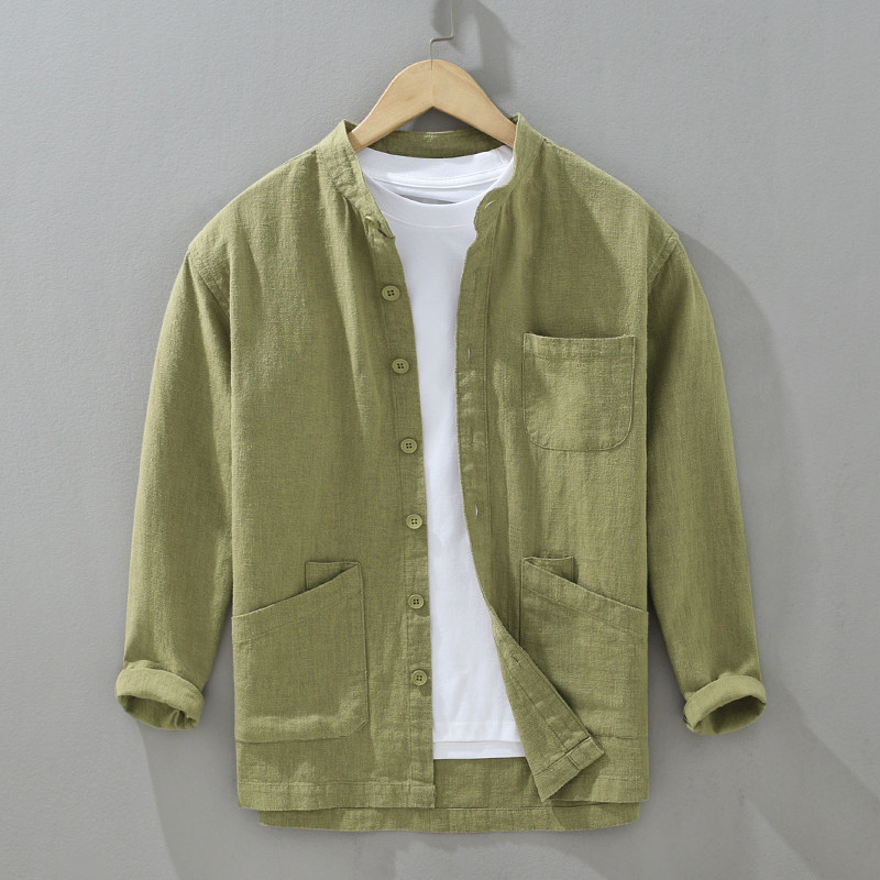 棉麻复古立领棉麻衬衫男长袖休闲宽松亚麻吸汗透气商务休闲衬衣