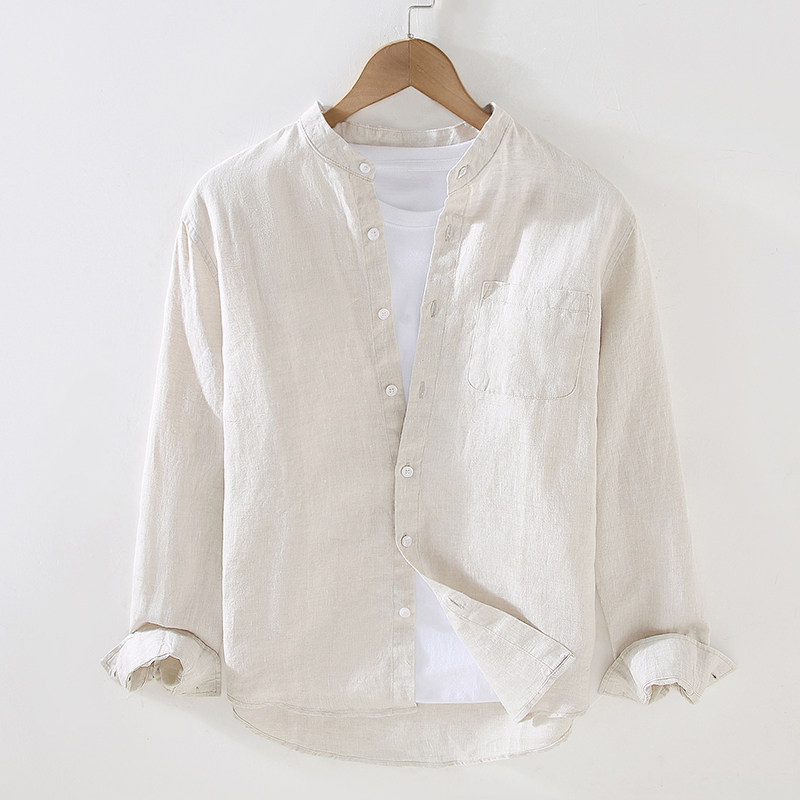 100%纯亚麻春夏衬衫男长袖立领休闲白色宽松透气亚麻衬衣上衣