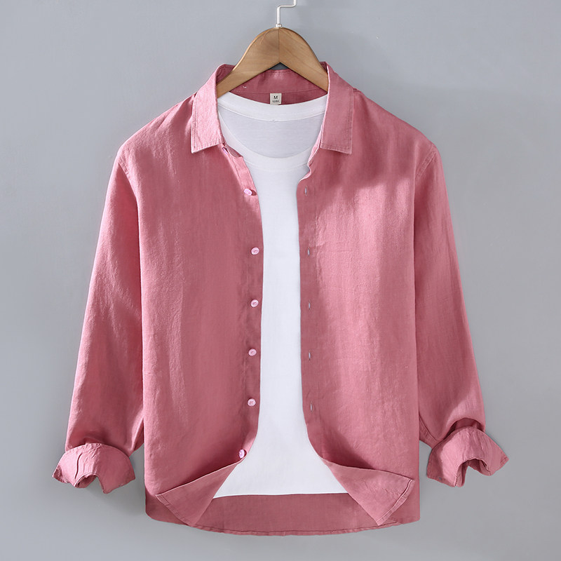 100%纯亚麻高级感男士衬衫春秋季休闲翻领衬衣宽松百搭衣服潮