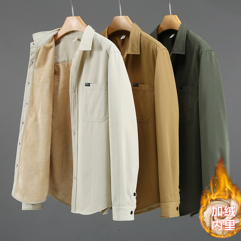 100%棉休闲风纯棉工装衬衫男商务加绒保暖长袖衬衣外套潮流百搭