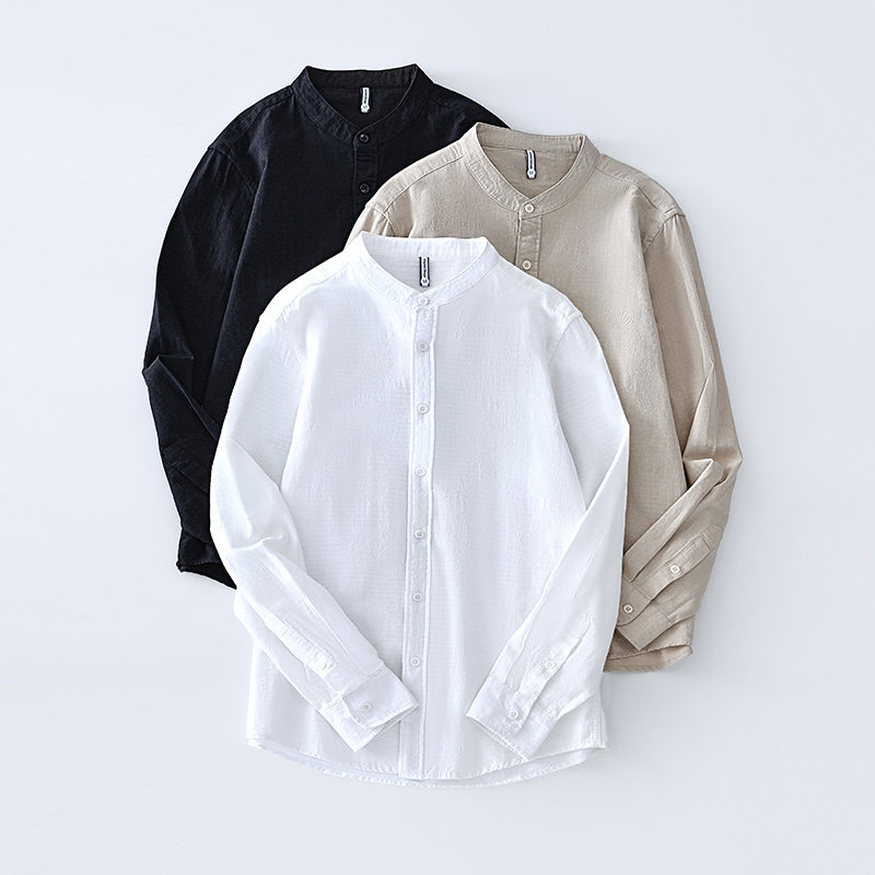 新款简约纯色长袖衬衫男装春秋季衬衣文艺休闲复古宽松外穿