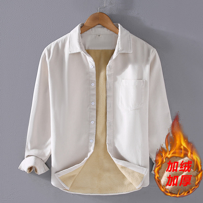 100%棉加绒复古灯芯绒男士翻领长袖衬衫加厚保暖衬衣商务休闲外套