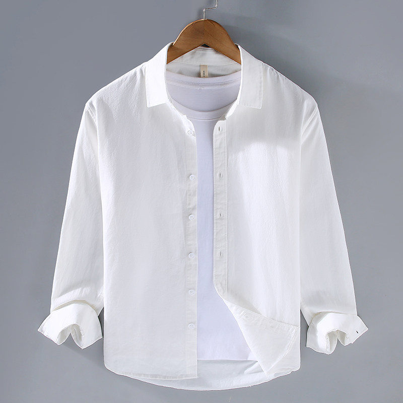 100%纯棉长袖衬衫男简约休闲宽松打底青年百搭白色舒适男衬衣
