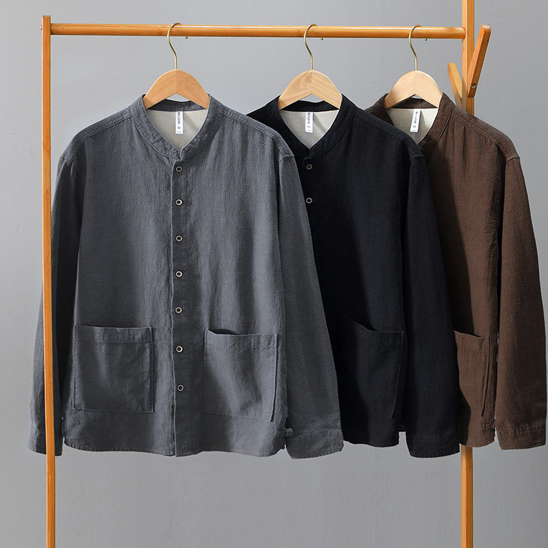 2025秋季新款男士长袖衬衫中国风复古外套男士棉麻立领衬衣