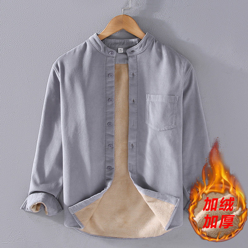100%棉复古灯芯绒加绒纯棉衬衫男长袖圆领纯棉保暖衬衣冬季外套