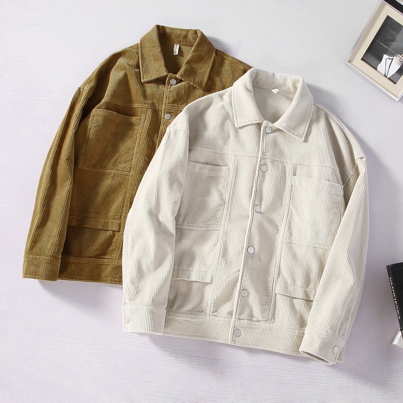 新款100%棉纯色灯芯绒时尚休闲日系翻领夹克男春秋宽松外套潮牌