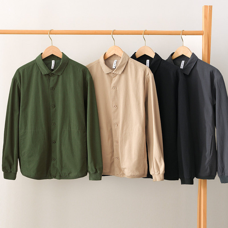 春秋季复古工装休闲夹克男士纯色常规长袖翻领宽松纯棉衬衫外套