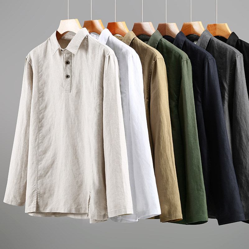 100%纯亚麻长袖衬衫男商务休闲百搭男士翻领t恤