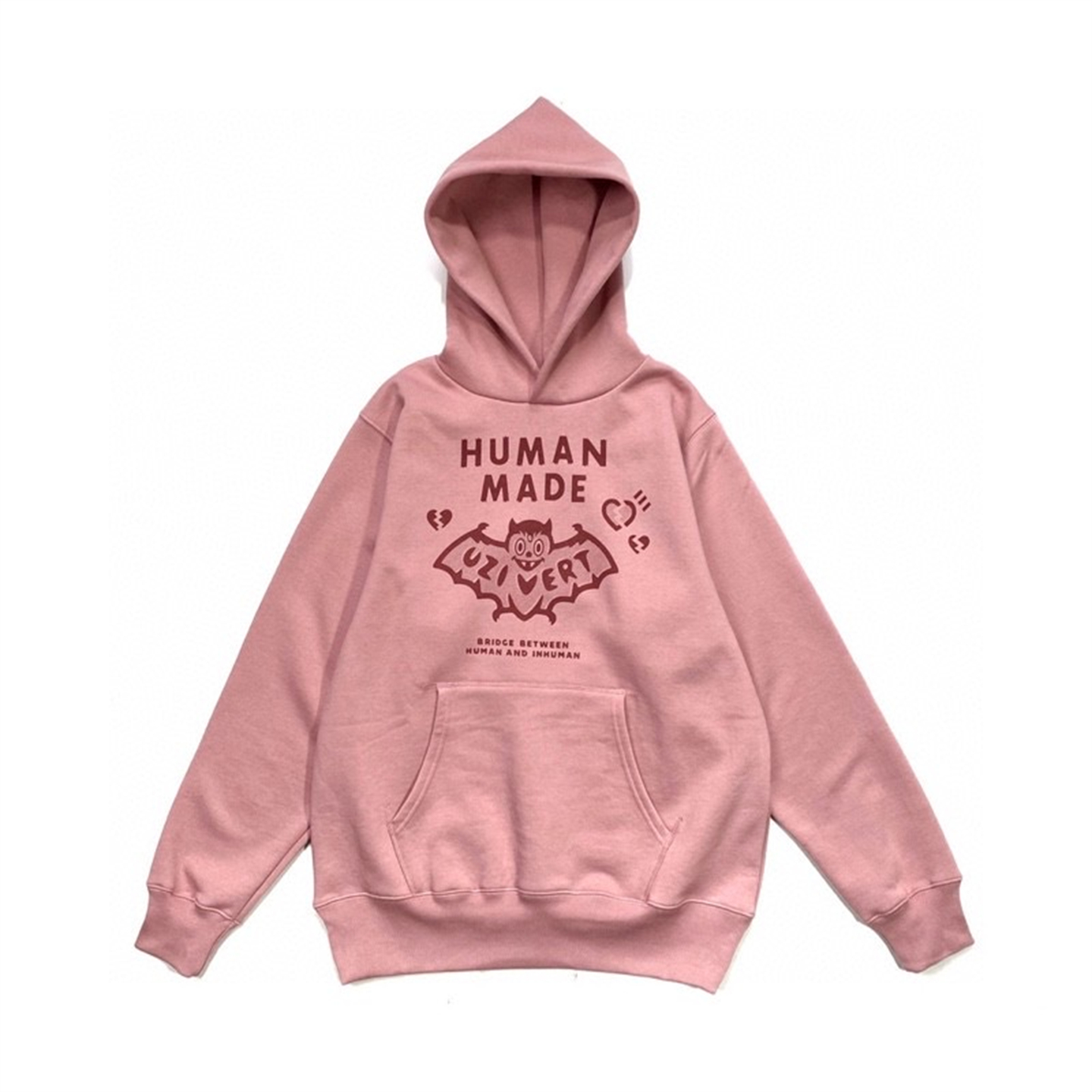 现货Human made Lil Uzi Vert蝙蝠烫钻粉色印花连帽卫衣套头帽衫