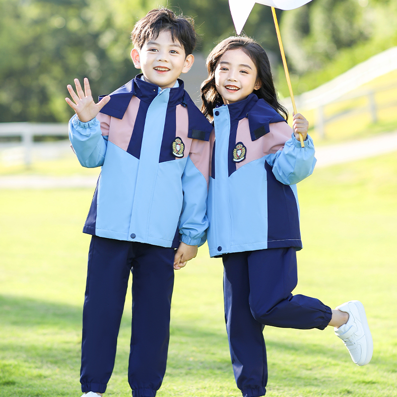 儿童冲锋衣校服套装蓝色小学生秋冬装户外运动春秋三件套幼儿园服