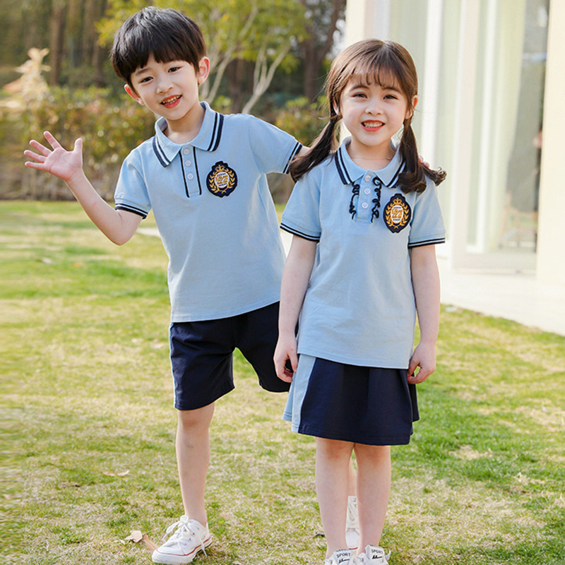 蓝色短袖校服学院风春季新款幼儿园园服定制小学生班服藏青套装夏