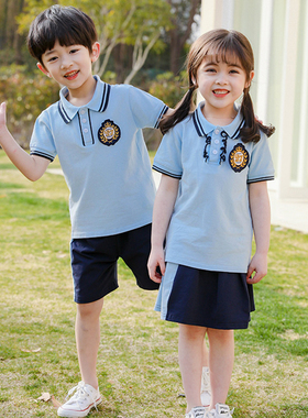 蓝色短袖校服学院风春季新款幼儿园园服定制小学生班服藏青套装夏