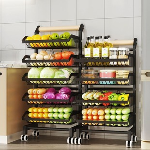 厨房置物架落地杂物收纳小推车收纳架网篮可调节多层多功能