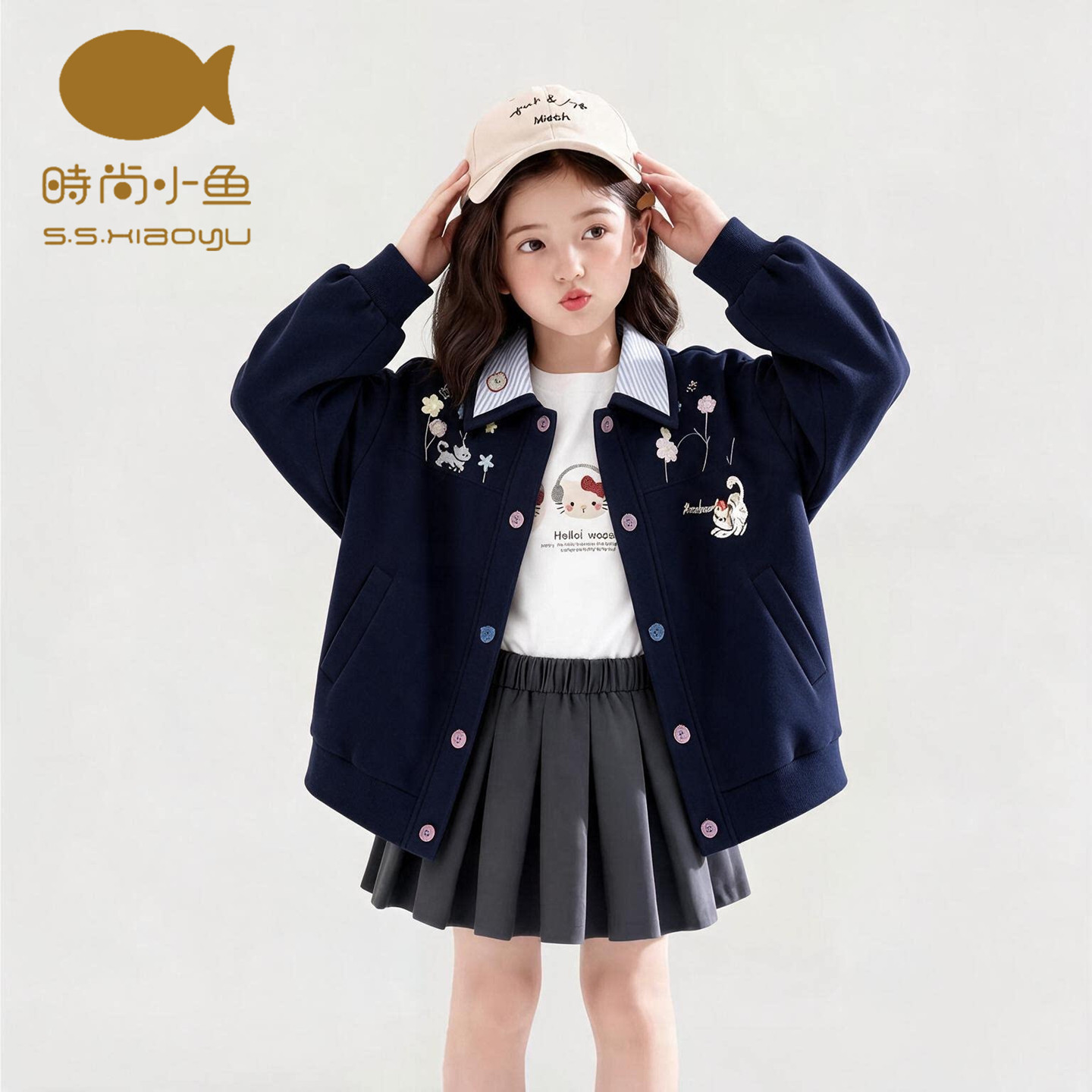 时尚小鱼女童外套秋季新款童装洋气中大童刺绣休闲上衣儿童棒球服