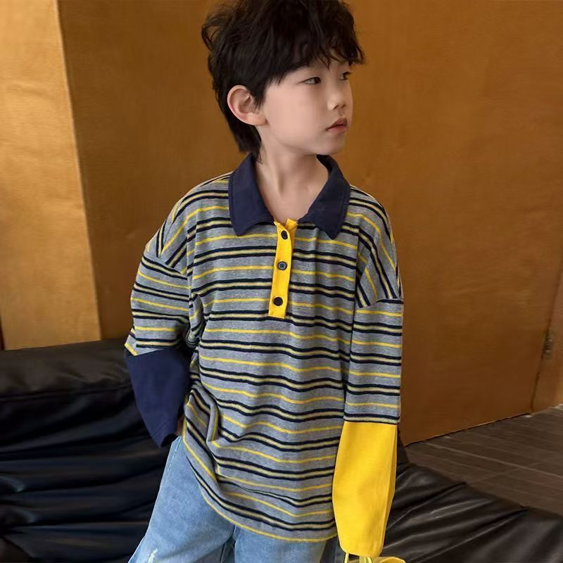 男童Polo领撞色条纹假两件卫衣