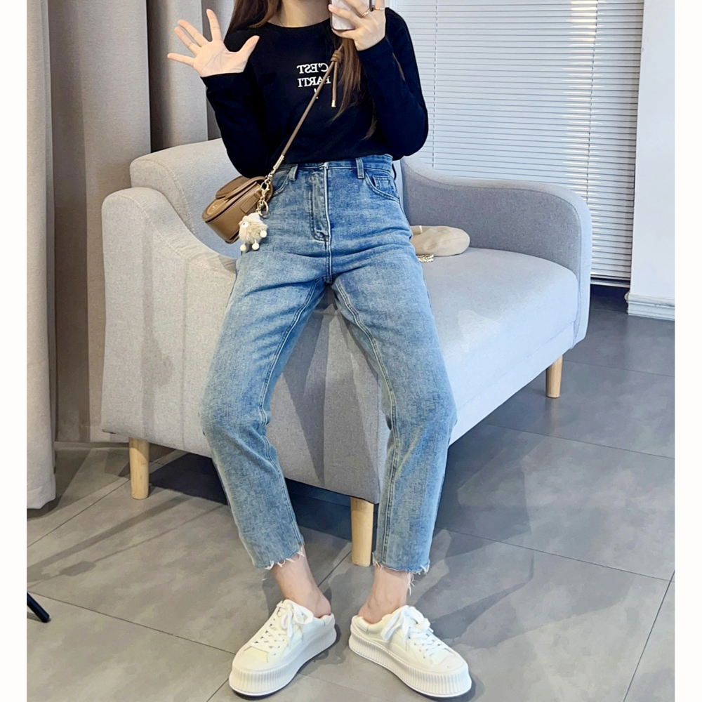 150小个子休闲百搭牛仔加绒直筒裤小脚裤9分高腰磨裤子女秋冬2023