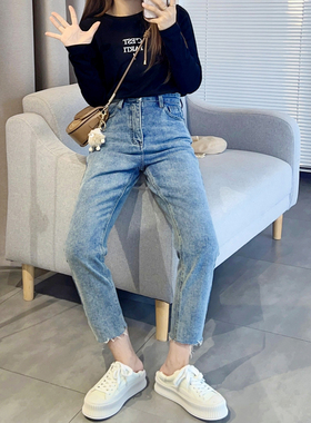150小个子休闲百搭牛仔加绒直筒裤小脚裤9分高腰磨裤子女秋冬2023