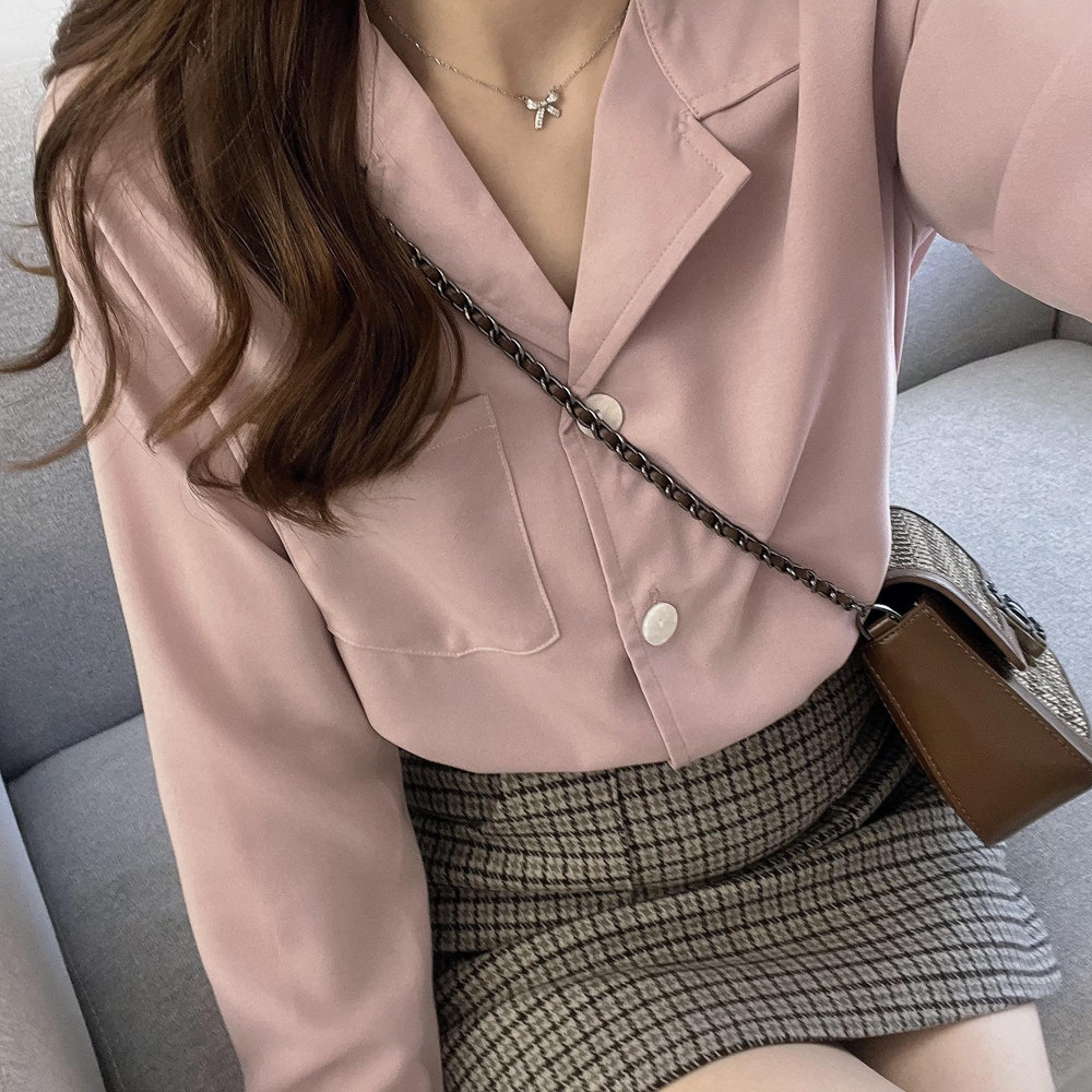 150小个子通勤高级感纯色衬衫女薄款秋西装领长袖内搭棉纺衫上衣