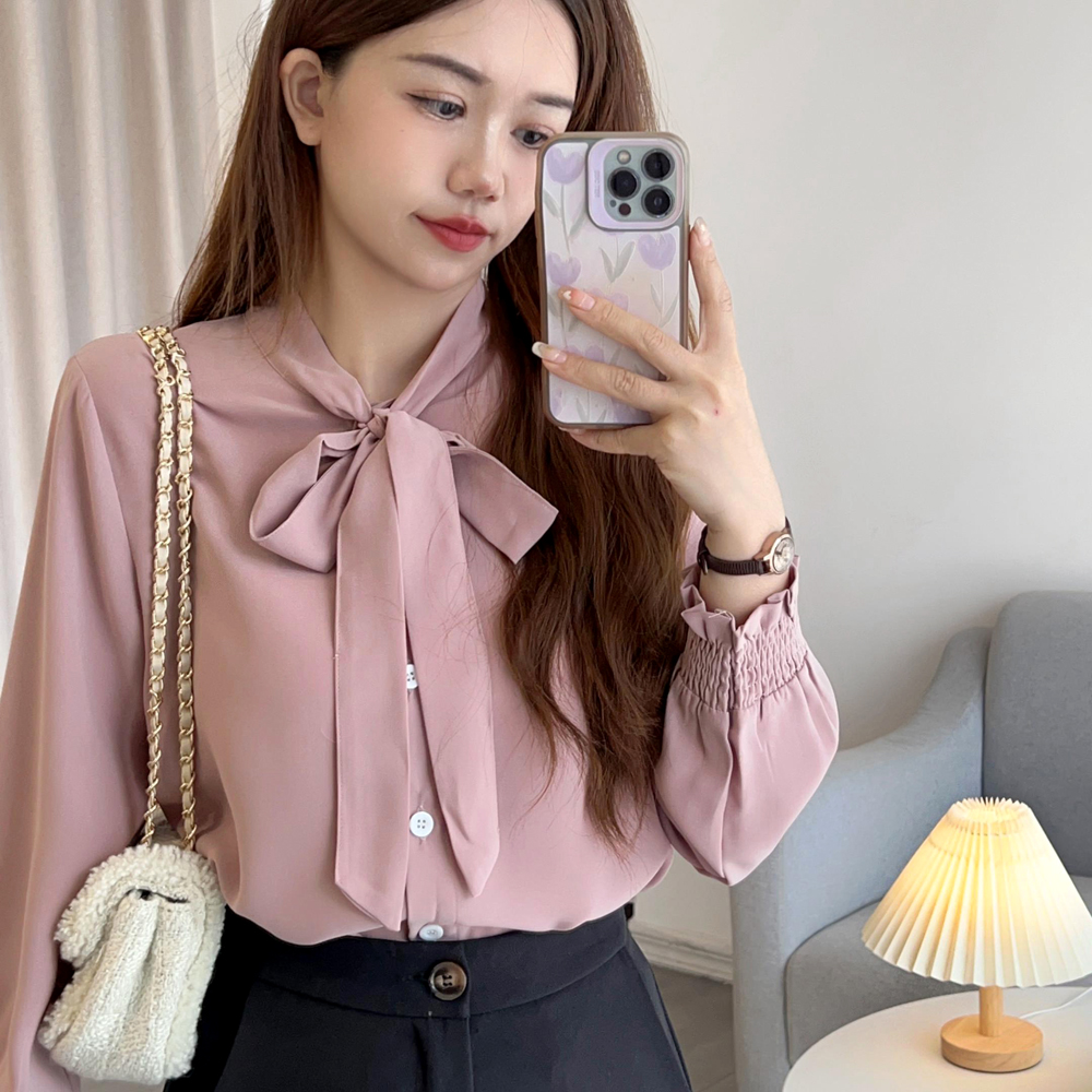 修身韩版单排扣蝴蝶结雪纺衬衫