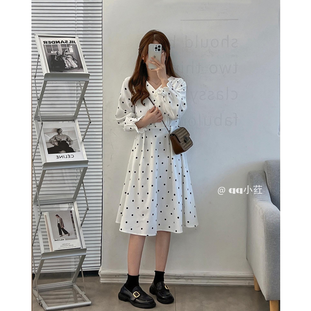 学院风A字灯芯绒波点长裙
